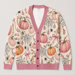 Pink Pumpkin Spider Web Halloween Style for Autumn Gatherings and Casual Weekend Wear All-over Print Knitted Cardigan