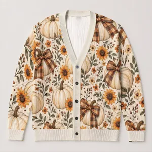 Pumpkin Bow Sunflower Autumn Style for Halloween and Thanksgiving Women’s Wear All-over Print Knitted Cardigan
