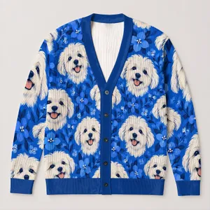 Fluffy White Dog Faces With Blue Flowers For Playful Halloween Gatherings And Casual Days All-over Print Knitted Cardigan