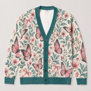 Pink Butterfly Floral Botanical Spring Garden Style For Women Everyday Layering Wardrobe All-over Print Knitted Cardigan