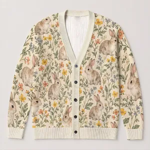 Watercolor Rabbit Wildflower Spring Style For Everyday Layering And Gift Giving Women All-over Print Knitted Cardigan