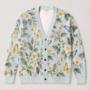Watercolor Butterflies And Wildflowers For Spring Getaways And Everyday Style All-over Print Knitted Cardigan