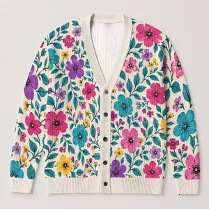 Colorful Floral Garden Motifs for Vacation Layering and Everyday Spring Outings for Her All-over Print Knitted Cardigan