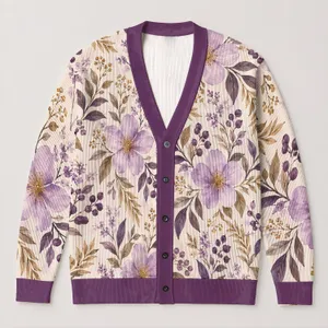 Lavender Wildflower Botanical Bloom for Relaxed Everyday Layering and Weekend Style All-over Print Knitted Cardigan