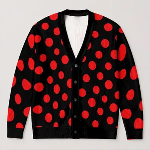 Red Polka Dots On Black For Everyday Layering, Casual Wardrobes, And Gift Giving All-over Print Knitted Cardigan