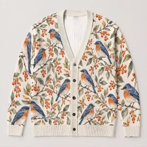 Songbird Berry Motif for Casual Layering, Nature Lovers and Everyday Weekend Outings All-over Print Knitted Cardigan