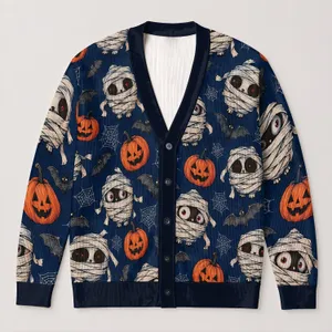 Mummy Pumpkin Halloween Style for Parties and Fall Layering Women's Plus Size Outfits All-over Print Knitted Cardigan