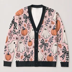 Halloween Ghost Pumpkin Bow Whimsy for Cozy Fall Outings and Casual Weekend Layering All-over Print Knitted Cardigan