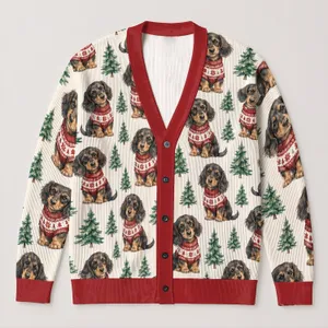 Dachshund Christmas Trees for Cozy Holiday Layering and Festive Winter Outings All-over Print Knitted Cardigan