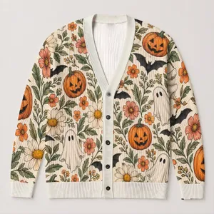 Pumpkin Bat Daisy Halloween Style For Cozy Fall Outings, Women’s Plus Size Casualwear All-over Print Knitted Cardigan