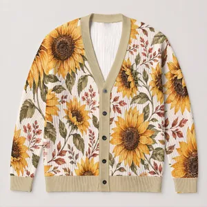 Golden Sunflowers and Autumn Leaves for Cozy Layering, Plus Size Weekend Lifestyle All-over Print Knitted Cardigan