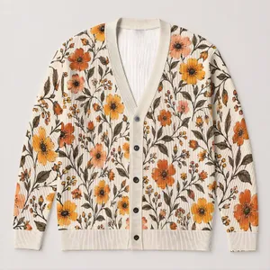Orange Wildflower Botanical Blooms for Cozy Autumn Layering and Everyday Cottage Style All-over Print Knitted Cardigan