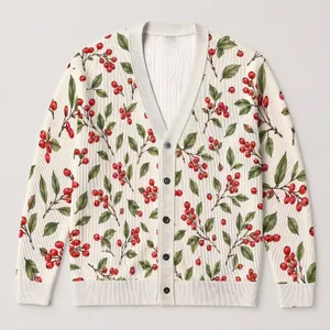 Red Berry Botanical Foliage for Cozy Autumn Layering and Nature-Loving Women’s Style All-over Print Knitted Cardigan