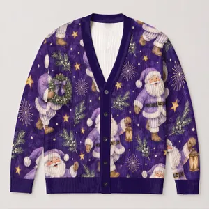 Santa Claus Holiday Cheer With Purple Stars For Festive Everyday Layering For Women All-over Print Knitted Cardigan