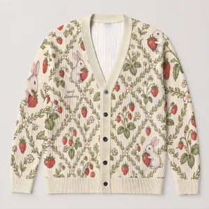 Cute Bunny Strawberry Garden Motifs For Cozy Everyday Layering And Spring Outings All-over Print Knitted Cardigan