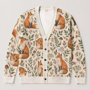 Orange Fox Woodland Motifs for Cozy Autumn Layering and Everyday Bohemian Style Wear Ensembles All-over Print Knitted Cardigan