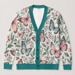 Pink Teal Butterfly Garden for Everyday Layering and Cottagecore Spring Weekend Style All-over Print Knitted Cardigan