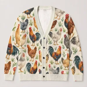 Watercolor Rooster and Hen Farmyard Motifs for Autumn Country Outings and Casual Women All-over Print Knitted Cardigan