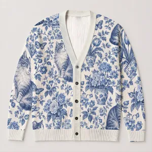 Blue Cat Floral Motifs for Cozy Autumn Layering, Vacation Dates, and Cat Lover Gifts All-over Print Knitted Cardigan
