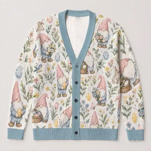 Whimsical Garden Gnomes and Easter Eggs for Cheerful Spring Layering for Women at Home All-over Print Knitted Cardigan