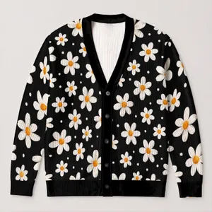White Daisy Blooms on Black for Everyday Layering and Year-Round Casual Style for Women All-over Print Knitted Cardigan