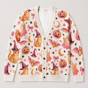 Cute Halloween Ghosts, Cats and Bats for Cozy Autumn Outings and Festive Gatherings All-over Print Knitted Cardigan