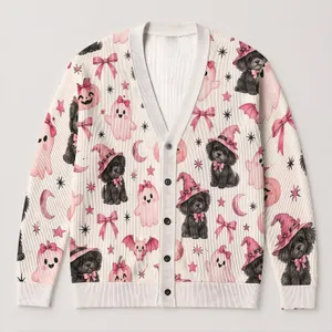 Pink Halloween Dogs, Bats and Ghosts for Cozy Autumn Layering for Women Dog Lovers All-over Print Knitted Cardigan