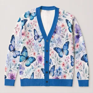 Blue Butterfly Floral Layering Style for Beach Escapes and Romantic Weekend Outings All-over Print Knitted Cardigan