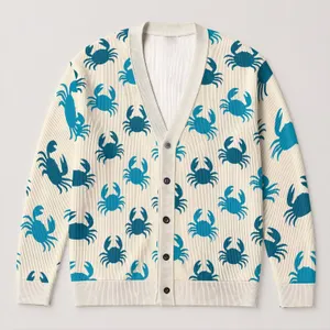 Teal Crab Coastal Motif for Beach Holidays and Relaxed Vacation Style for Women’s Everyday All-over Print Knitted Cardigan