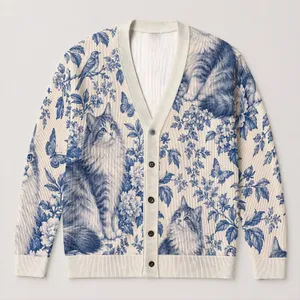 Blue White Cat Toile Floral Scene For Relaxed Everyday Layering And Cottagecore Women All-over Print Knitted Cardigan