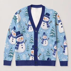 Blue Snowman Winter Scene for Cozy Vacation Layering and Casual Women's Everyday Style All-over Print Knitted Cardigan