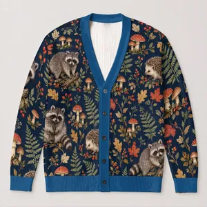 Raccoon Hedgehog Mushroom Woodland Animals For Cozy Autumn Nature Lovers All-over Print Knitted Cardigan