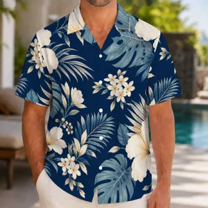 Navy Hibiscus Couple Resort Style for Tropical Vacations and Elegant Beach Escapes Hawaiian Shirt