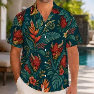 Horned Gargoyle Heliconia Jungle Faces for Festival Getaways, Island Trips, and Fantasy Fans Hawaiian Shirt