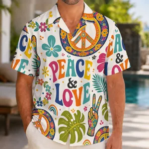Peace Sign Floral Symbols for Summer Festivals and Beach Getaways, Men's Casual Style Hawaiian Shirt