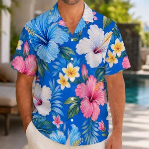 Blue Hibiscus Floral Resort Couple Look for Beach Vacations, Cruises, and Island Getaways Hawaiian Shirt
