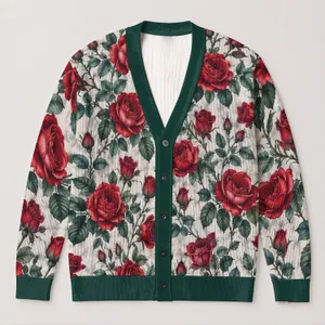 Classic Red Rose Floral Botanical Style for Everyday Layering and Special Occasions Wear All-over Print Knitted Cardigan