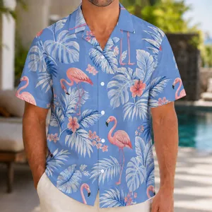 Pink Flamingo Palm Leaf Scene for Matching Father Son Vacation Weekend Outfits Together Hawaiian Shirt