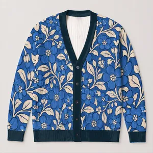 Blue Floral Garden Motif for Everyday Layering and Relaxed Weekend Style Outfits All-over Print Knitted Cardigan