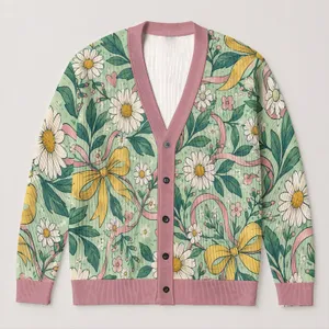 Daisy Bow Floral Ribbon Garden Style for Casual Layering and Weekend Outings All Seasons All-over Print Knitted Cardigan