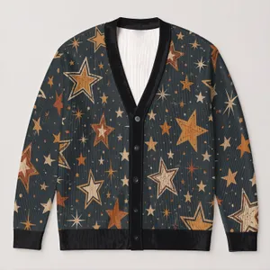Rustic Star Motif In Charcoal And Amber For Autumn Layering And Weekend Travel Women All-over Print Knitted Cardigan