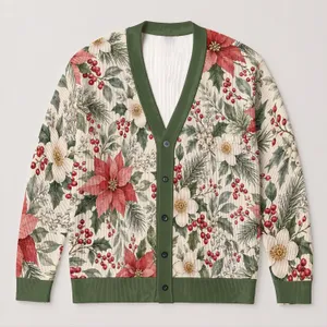 Red Berry Winter Floral Holiday Layering Style for Women, Cozy Seasonal Gathering Wear and Gifting All-over Print Knitted Cardigan