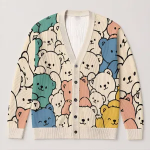 Cute Teddy Bear Crowd For Cozy Everyday Layering And Casual Women’s Weekend Style All-over Print Knitted Cardigan