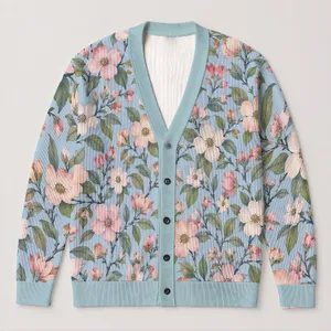 Pastel Dogwood Blossoms on Sky Blue for Spring Layering, Feminine Everyday Style All-over Print Knitted Cardigan