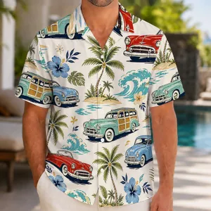 Vintage Cars Palm Trees And Blue Hibiscus For Tropical Vacation Summer Getaway Style Hawaiian Shirt