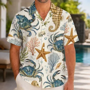 Blue Crab Seahorse Coral Beach Style for Coastal Vacations and Island Resort Getaways Hawaiian Shirt