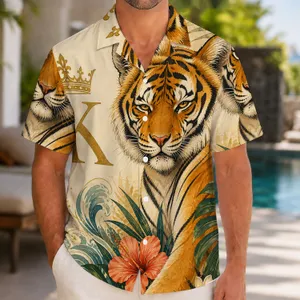 Regal Bengal Tiger Portrait with Crown K Motif for Summer Resort Style and Vacation Wear Hawaiian Shirt