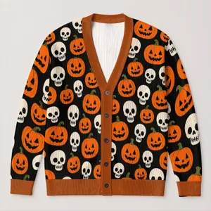 Halloween Pumpkin and Skull Faces for Spooky October Outings and Festive Seasonal Style All-over Print Knitted Cardigan