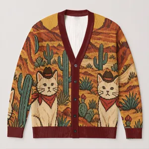 Cowboy Cats in a Southwestern Desert Sunset for Relaxed Everyday Western-Inspired Style All-over Print Knitted Cardigan