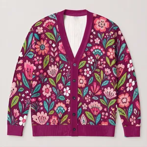 Bright Folk Floral Blooms for Colorful Everyday Layering and Women's Casual Style All-over Print Knitted Cardigan